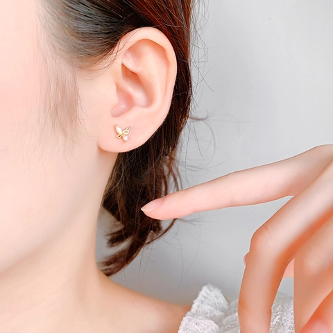 Copper Butterfly Stud Earrings With 925 Sterling Silver Earring Post Pink White Zircon Screw Back Jewelry For Women