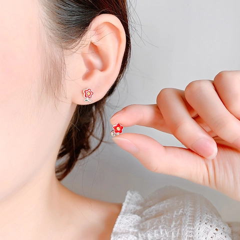 Red Flower Stud Earrings Copper Enamel Sweet Tiny Floral Screw Ball Back Earrings For Women Girls