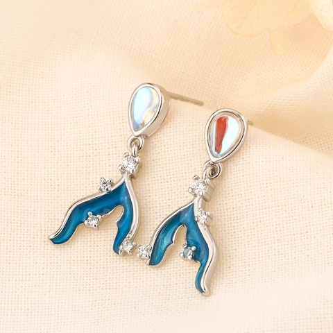 Orecchini Pendenti Coda Di Sirena Smalto Blu Pietra Di Luna Zirconia Con Perno In Argento Sterling 925