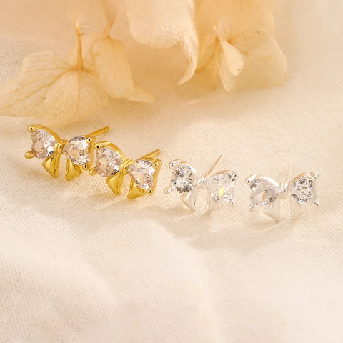 Schleife Ohrstecker Kupfer Strass Herzform Eleganter Schmuck Mit Copper Earring Post Für Damen Accessoires