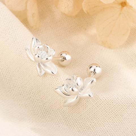 Lotus Stud Earrings Silver Plated Copper Flower Shaped Small Screw Back Ball Back Elegant Sweet Accessory For Women