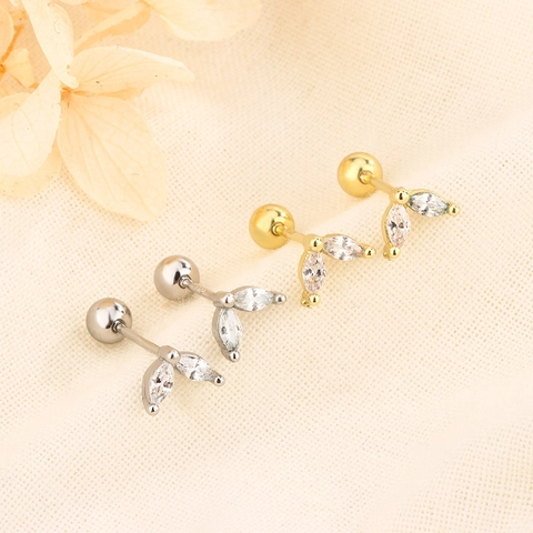 Marquise Cubic Zirconia Leaf Stud Earrings Copper Ball Back Screw Cartilage Piercing Jewelry For Women