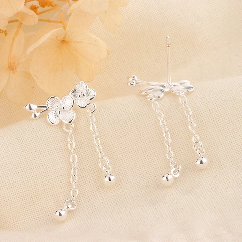Pruimenbloesem Kwastje Oorknopjes Met 925 Sterling Zilveren Oorsteker Retro Chinese Stijl Bloem Lange Ketting Voor Dames