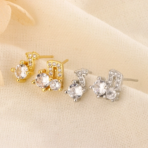 Music Note Stud Earrings Copper With Sparkling Zirconia Elegant Minimalist Jewelry For Women