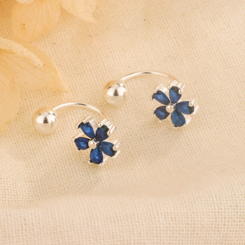 Boucles D'oreilles Fleur Zircon Bleu Cuivre Avec Tige En Argent Sterling 925 Crochet En U Dos À Boule Pour Femmes
