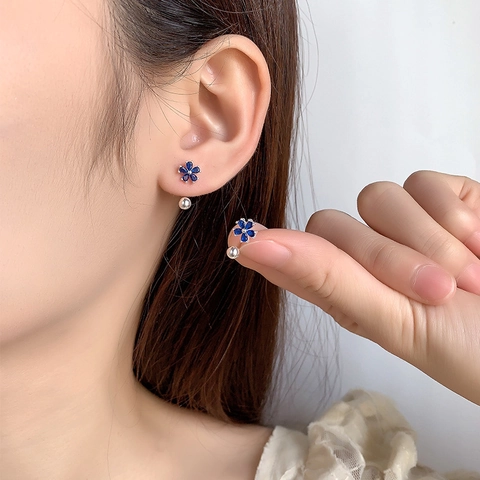 Boucles D'oreilles Fleur Zircon Bleu Cuivre Avec Tige En Argent Sterling 925 Crochet En U Dos À Boule Pour Femmes