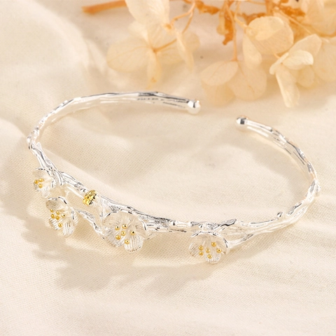 Plum Blossom Branch Open Bangle Copper Silver Color Electroplated Retro Nature Inspired Bracelet For Women Gift