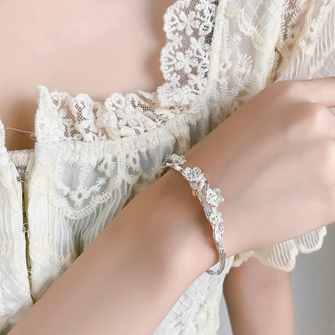 Plum Blossom Branch Open Bangle Copper Silver Color Electroplated Retro Nature Inspired Bracelet For Women Gift