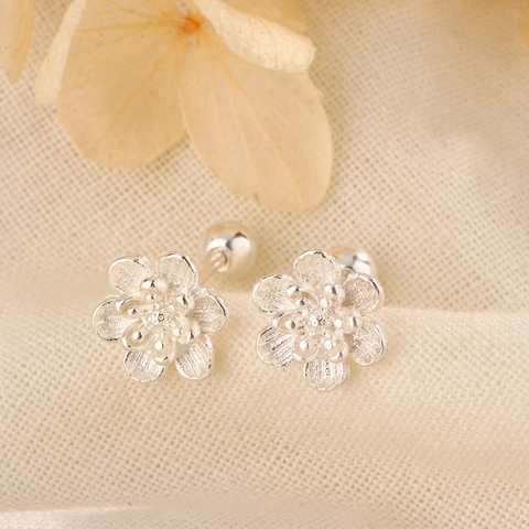 Vintage Lotus Flower Stud Earrings Silver Plated Copper Screw Back Round Ball Ear Bone Piercing Jewelry For Women