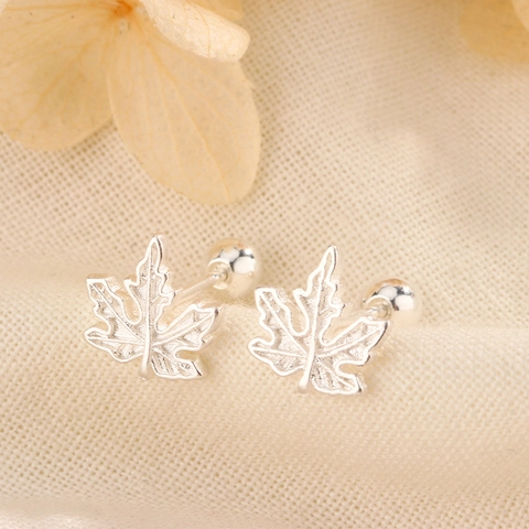 Maple Leaf Copper Stud Earrings With Screw Back Silver Color Plated Forest Style Elegant Jewelry For Women