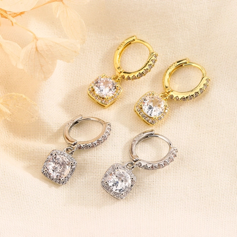 Square Zircon Dangle Hoop Earrings Copper Jewelry With Silver Earring Post Elegant Fashion For Women