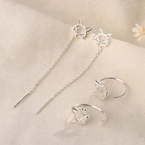Hollow Fox Cat Ear Thread Copper Earrings Sweet Tassel Chain Drop Ear Hook Minimalist Animal Jewelry For Women