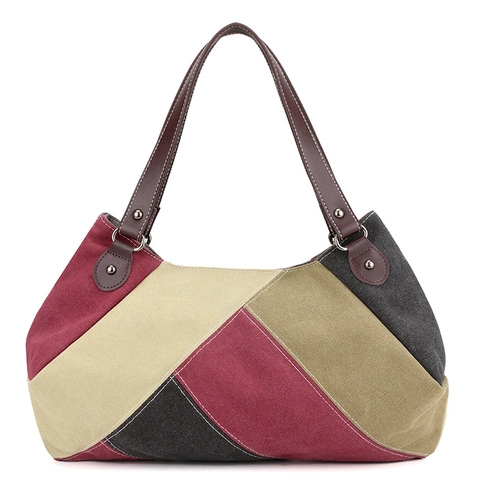 Bolso Tote de Lona Patchwork para Mujer Gran Capacidad Bolso de Hombro Casual Color Block Con Asa de Cuero para Diario