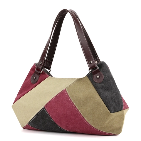 Bolso Tote de Lona Patchwork para Mujer Gran Capacidad Bolso de Hombro Casual Color Block Con Asa de Cuero para Diario