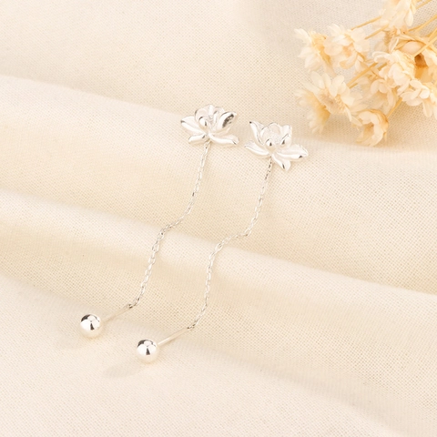 Lotus Flower Drop Earrings With 925 Sterling Silver Earring Post Long Tassel Chain Copper Jewelry For Women Elegant