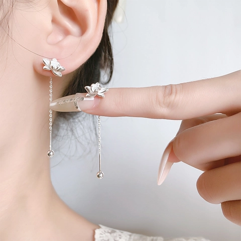 Lotus Flower Drop Earrings With 925 Sterling Silver Earring Post Long Tassel Chain Copper Jewelry For Women Elegant