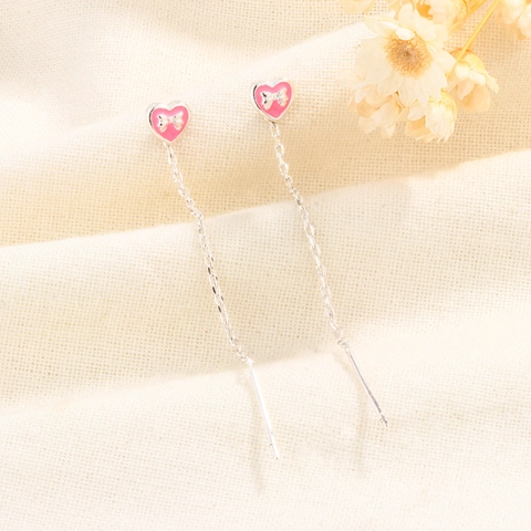 Pendientes Largos De Corazón Rosa Con Lazo Y Borla De Cobre Con Postes De Plata De Ley 925 Estilo Dulce