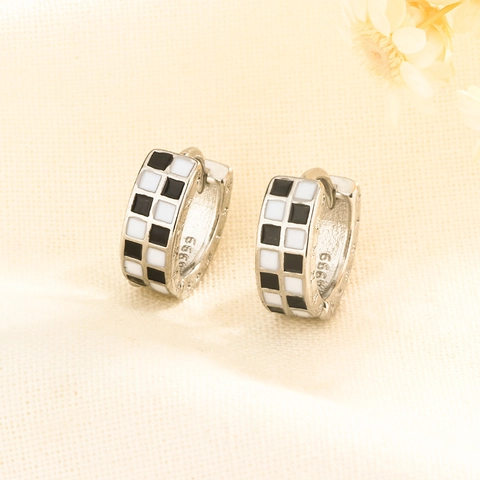Checkerboard Hoop Earrings Black And White Square Enamel Retro Niche Jewelry For Women