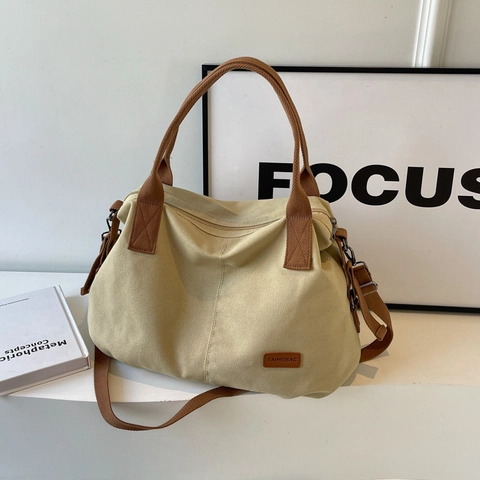 Women Large Capacity Canvas Tote Bag Contrast Color Shoulder Bag With Zipper Casual Commuter Handbag Adjustable Strap