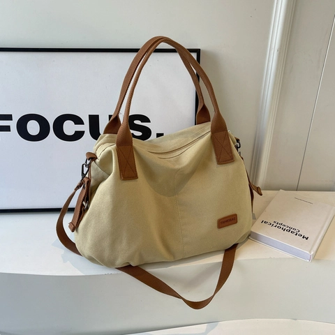 Women Large Capacity Canvas Tote Bag Contrast Color Shoulder Bag With Zipper Casual Commuter Handbag Adjustable Strap