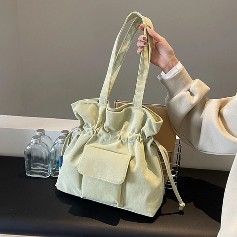 Women Fashion Corduroy Shoulder Bag Large Capacity Drawstring Tote Bag Minimalist Flap Pocket Casual Travel Daily Handbag