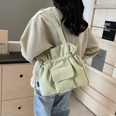 Women Fashion Corduroy Shoulder Bag Large Capacity Drawstring Tote Bag Minimalist Flap Pocket Casual Travel Daily Handbag