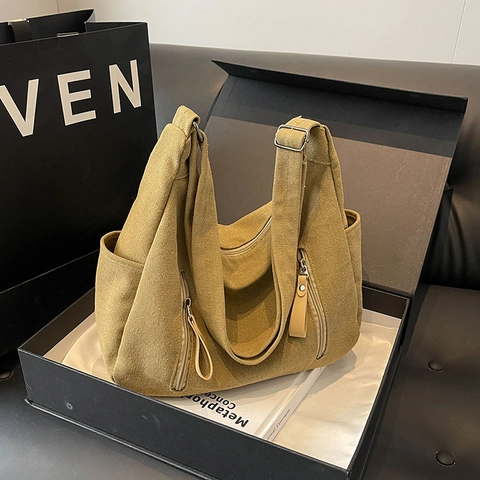Borsa A Spalla In Tela Grande Capacità Donna Retro Hobo Borsa A Tracolla Multi Tasche Casual Funzionale Messenger