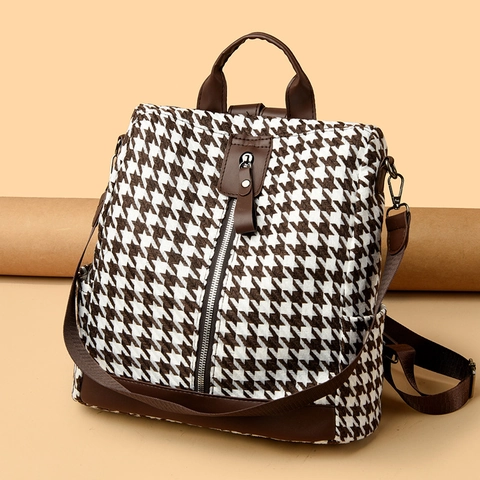 Zaino Da Donna In Tessuto Pied De Poule Finiture In Pelle PU Tasche Multiple Retro Moda Casual Viaggio Scuola Spallacci Regolabili