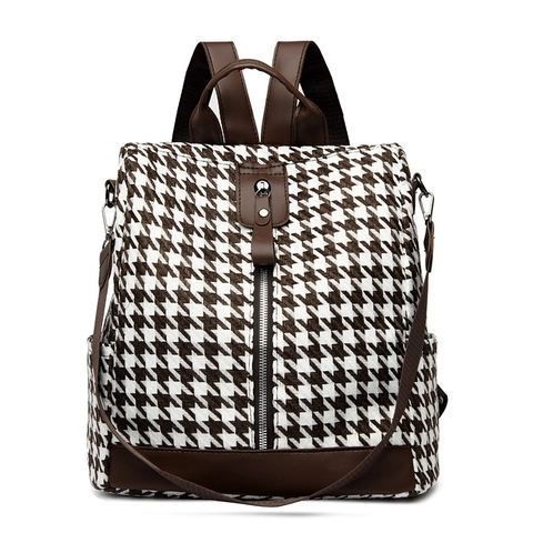 Zaino Da Donna In Tessuto Pied De Poule Finiture In Pelle PU Tasche Multiple Retro Moda Casual Viaggio Scuola Spallacci Regolabili