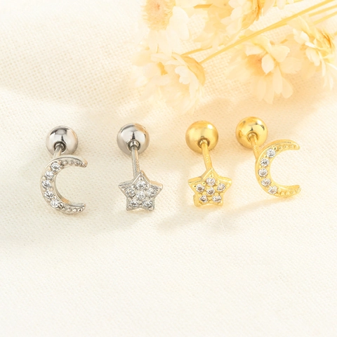 Star Moon Asymmetric Stud Earrings With 925 Sterling Silver Earring Post Micro Inlaid Zircon Screw Back Ball Nut Jewelry