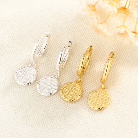 Creolen Mit Rundem Fu-Charakter-Anhänger Kupferschmuck Mit Silbernem Ohrstecker Retro Chinesischer Stil Für Damen