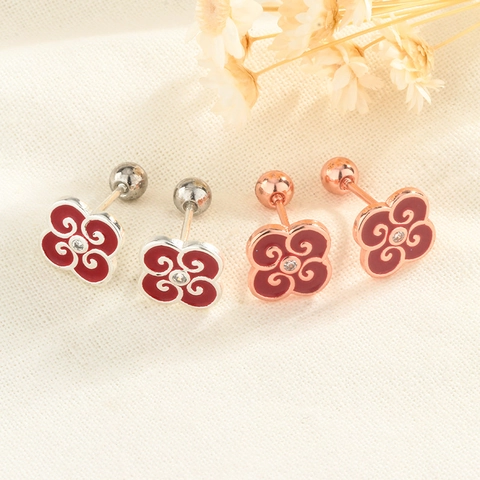 Chinese Style Auspicious Cloud Flower Stud Earrings Red Enamel Copper With Zircon Screw Back Ball For Women Elegant