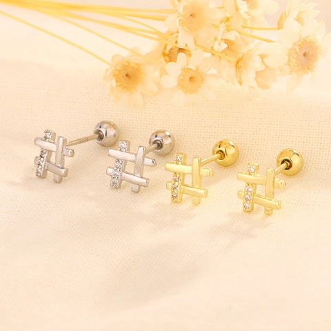 Hashtag Stud Earrings With 925 Sterling Silver Earring Post Zircon Inlaid Copper Jewelry Screw Back For Women Minimalist