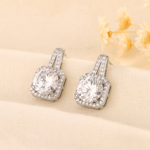 Geometric Square Halo Studs Copper Zirconia Luxury Elegant Jewelry With 925 Sterling Silver Earring Post For Women