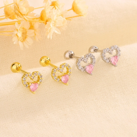 Herz Ohrstecker Kupfer Rosa Zirkonia Mikrogefasst Weißer Zirkon Schraubverschluss Piercing Schmuck Für Frauen