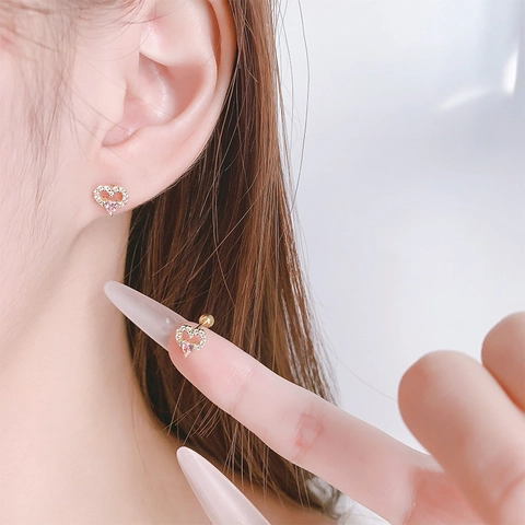 Herz Ohrstecker Kupfer Rosa Zirkonia Mikrogefasst Weißer Zirkon Schraubverschluss Piercing Schmuck Für Frauen