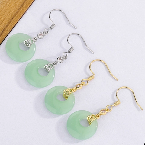 Copper Dangle Earrings With Imitation Jade Ping An Kou And Zircon Chinese Style Vintage Ru Yi Clouds For Women