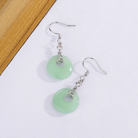 Copper Dangle Earrings With Imitation Jade Ping An Kou And Zircon Chinese Style Vintage Ru Yi Clouds For Women