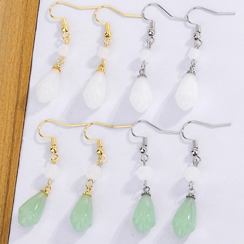 Magnolia Blüte Hängeohrringe Kupfer Mit Geschnitzter Jade Imitation Knospe Vintage Chinesischer Stil Elegant Für Damen