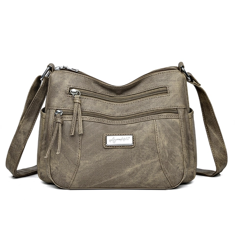 Women Large Capacity Multi-Pocket Crossbody Bag Vintage Soft PU Leather Waterproof Shoulder Bag Casual Travel Messenger
