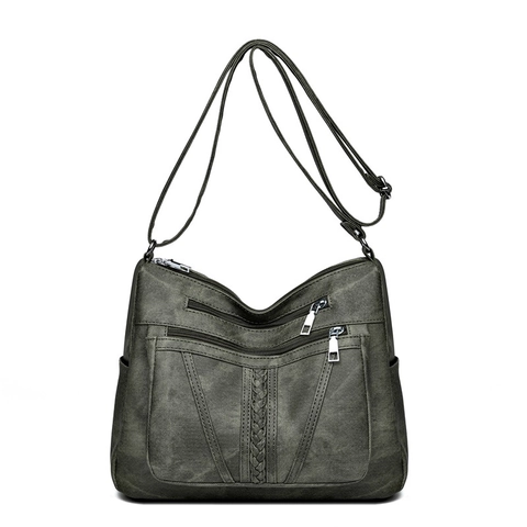 Vintage PU Leather Crossbody Bag For Women Large Capacity Multi Pocket Waterproof Messenger Bag With Woven Decor