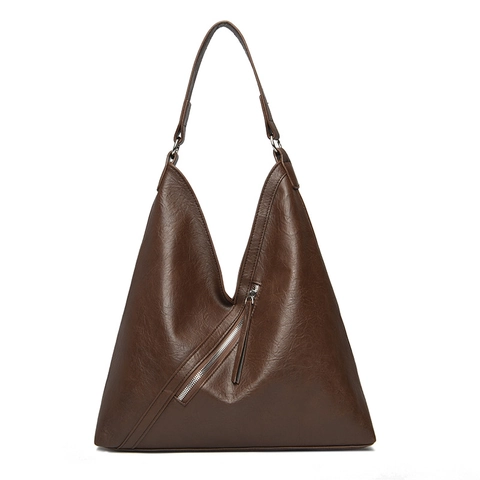 Vintage PU Leather Large Capacity Tote Bag For Women Fashion V-Shaped Underarm Shoulder Bag With Diagonal Zipper Decor