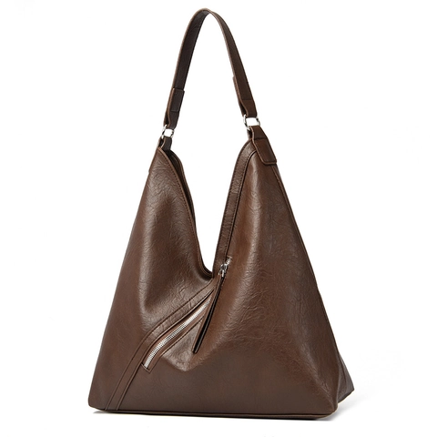 Vintage PU Leather Large Capacity Tote Bag For Women Fashion V-Shaped Underarm Shoulder Bag With Diagonal Zipper Decor