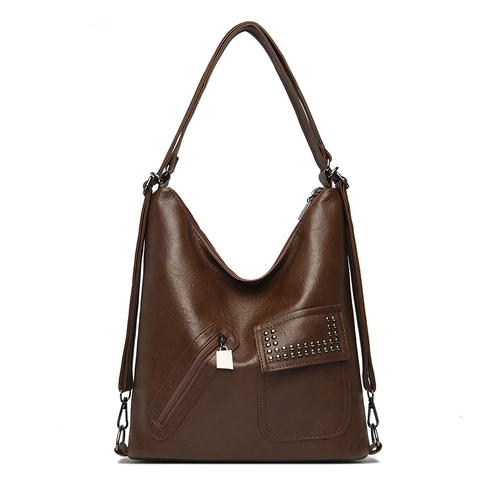 Damen Schultertasche Mit Großem Fassungsvermögen PU Leder Retro Hobo Tote Mit Nietendekor Lässige Einfache Reisetasche