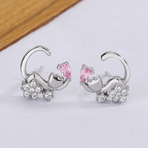 Orecchini A Lobo Gatto Rame Placcato Argento Zircone Rosa Strass Bianco Silhouette Animale Gioielli Dolce Per Donne