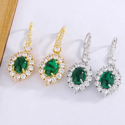 Orecchini A Pendente Ovali Verde Smeraldo Vintage Gancio Francese Rame Con Zirconia Cubica Retro Elegante Per Donna