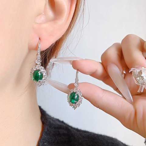 Orecchini A Pendente Ovali Verde Smeraldo Vintage Gancio Francese Rame Con Zirconia Cubica Retro Elegante Per Donna
