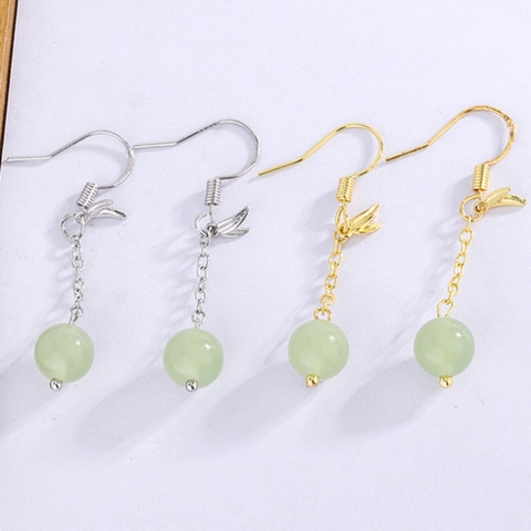 Koperen Hangende Oorbellen Met Bamboeblad En Lichtgroene Nep Jade Kralen Lange Ketting Vintage Chinese Stijl Elegant