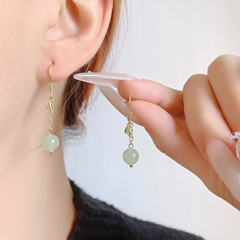 Koperen Hangende Oorbellen Met Bamboeblad En Lichtgroene Nep Jade Kralen Lange Ketting Vintage Chinese Stijl Elegant