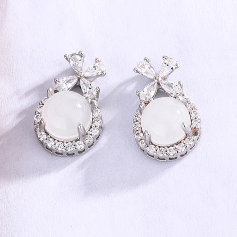 Elegant Bowknot Stud Earrings For Women Copper Plated With White Faux Chalcedony Agate Stone And Sparkling Zircon